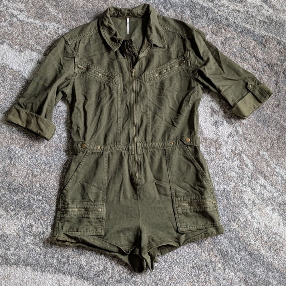 FREE PEOPLE Isla Flight Olive Green Utility Romper Size 8 - Picture 3 of 7